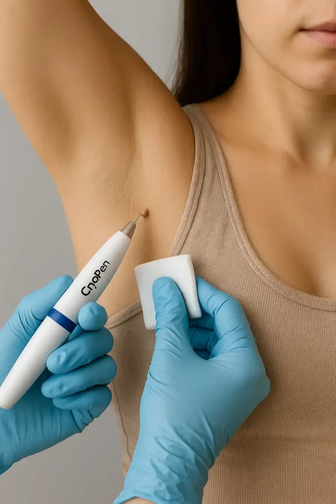 woman having cryopen to remove underarm skin tags Chippenham