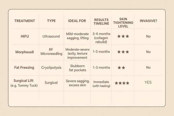 Table showing the comparisons of Skin tightening Chippenham treatment options.